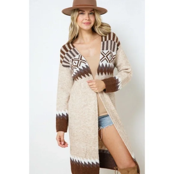 Taupe & Brown Aztec Tribal Western Boho Long Open Knit Cardigan Casual Sweater - Picture 2 of 8